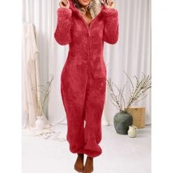 Women's Onesie Pure Color Plush Casual Comfort Home Daily Bed Polar Fleece Warm Hoodie Long Sleeve Fall Winter Light Pink Claret