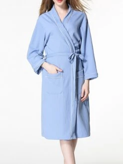 Women's Cotton Robe Pure Color Simple Casual Comfort Home Bed Wedding Party Breathable V Wire Long Sleeve Pocket Fall Winter White Pink -Ladies Pajamas Store huchkr1694072385824