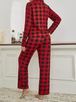Women's Christmas Pajamas Sets Grid / Plaid Casual Comfort Soft Home Xmas Daily Bed Polyester Breathable Lapel Long Sleeve Shirt Pant Elastic Waist Fall Winter Red -Ladies Pajamas Store huemod1692348326792