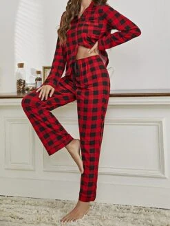 Women's Christmas Pajamas Sets Grid / Plaid Casual Comfort Soft Home Xmas Daily Bed Polyester Breathable Lapel Long Sleeve Shirt Pant Elastic Waist Fall Winter Red