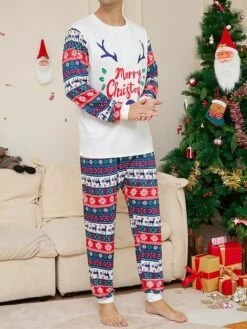 Matching Family Christmas Pajamas Sets Letter Elk Basic Casual Comfort Home Christmas Cotton Breathable Gift Crew Neck Long Sleeve T Shirt Tee Pant Fall Winter White -Ladies Pajamas Store huzszp1697074756581