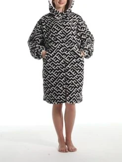 Women's Robe Geometic Plush Casual Comfort Home Daily Bed Flannel Warm Breathable Hoodie Long Sleeve Pocket Fall Winter Black -Ladies Pajamas Store hvoocp1695373708510