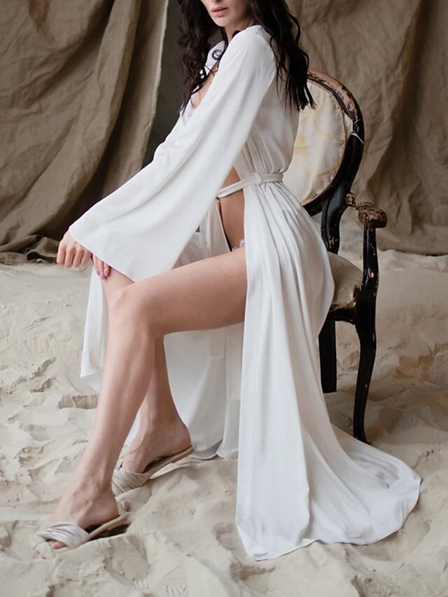 Women's Pajamas Bathrobe Robes Gown Pure Color Simple Casual Comfort Wedding Party Satin Breathable V Wire Long Sleeve Fall Winter Black White 7 Women's Pajamas Bathrobe Robes Gown Pure Color Simple Casual Comfort Wedding Party Satin Breathable V Wire Long Sleeve Fall Winter Black White - Image 5