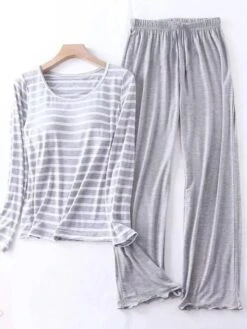 Women's Loungewear Sets 2 Pieces Stripe Fashion Casual Comfort Street Daily Date Polyester Breathable Crew Neck Long Sleeve Pant Summer Spring Black Pink -Ladies Pajamas Store hwgjpd1689149532023