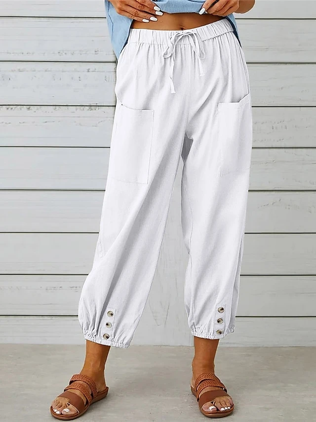 Women's Cotton And Linen Loungewear Pants Pure Color Elastic Waist With Drawstring Simple Casual Comfort Home Daily Vacation Breathable Pocket Summer Spring Black White 4 Women's Cotton And Linen Loungewear Pants Pure Color Elastic Waist With Drawstring Simple Casual Comfort Home Daily Vacation Breathable Pocket Summer Spring Black White - Image 2