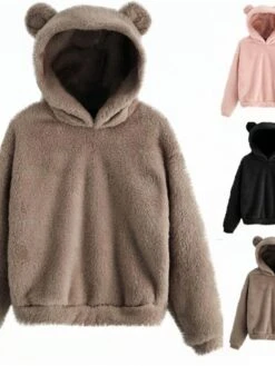 Women's Hoodie Fleece Lounge Top 3D Ear Pure Color Warm Fashion Plush Home Street Daily Polar Warm Breathable Long Sleeve Hoodie Fall Winter Claret Leather Pink -Ladies Pajamas Store hymqeq1697074780681