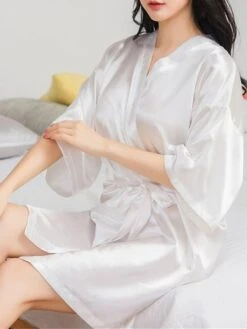 Women's Pajamas Robe Bathrobe Robes Gown Pure Color Casual Comfort Soft Home Daily Bed Satin Breathable V Wire Half Sleeve Summer Fall Black White -Ladies Pajamas Store hyqagf1689581306391