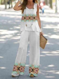 Women's Loungewear Sets 2 Pieces Crew Neck Tank Top And Wide Leg Pants Floral Print Casual Comfort Street Daily Polyester Breathable Summer Spring Light Green Green -Ladies Pajamas Store hzhpcb1688541590754