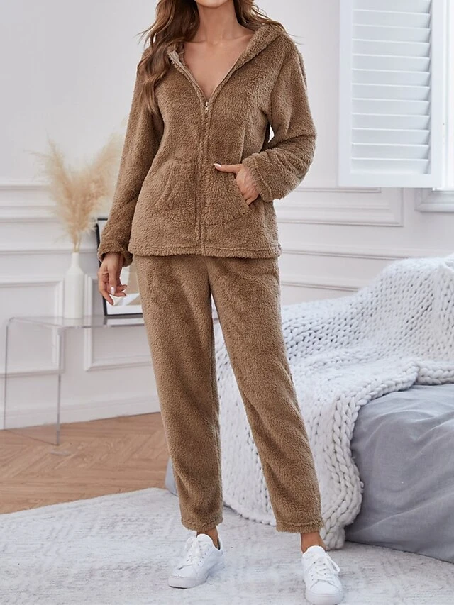 Women's Loungewear Sets Pure Color Maillard Plush Casual Comfort Home Daily Vacation Flannel Warm Hoodie Long Sleeve Cardigan Pant Pocket Fall Winter Khaki 3 Women's Loungewear Sets Pure Color Maillard Plush Casual Comfort Home Daily Vacation Flannel Warm Hoodie Long Sleeve Cardigan Pant Pocket Fall Winter Khaki