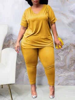 Women's Plus Size Loungewear Sets Pure Color Casual Comfort Soft Daily Date Vacation Polyester Breathable V Wire Short Sleeve Pant Elastic Waist Fall Spring Black Yellow -Ladies Pajamas Store ibzcmc1675750215809