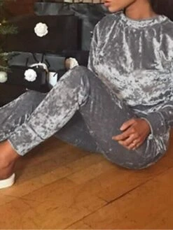 Women's Loungewear Sets Pure Color Fashion Comfort Soft Home Daily Bed Velvet Warm Breathable Crew Neck Long Sleeve Pullover Pant Fall Winter Silver Black -Ladies Pajamas Store icgyze1693986235225