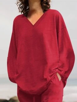 Women's Plus Size Loungewear Sets 2 Pieces Pure Color Fashion Casual Comfort Street Daily Date Cotton Breathable V Wire Long Sleeve Pant Summer Fall Yellow Pink -Ladies Pajamas Store icrihu1689326424976