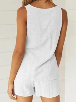 Women's Loungewear Sets Pure Color Fashion Simple Comfort Street Vacation Going Out Cotton Breathable V Wire Sleeveless Shorts Button Pocket Summer Spring Black White -Ladies Pajamas Store icsdcb1680601031916