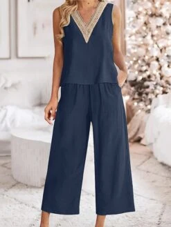 Women's Plus Size Loungewear Sets Pure Color Basic Casual Comfort Home Daily Vacation Linen Breathable V Wire Sleeveless Tank Top Pant Pocket Summer Spring Black White