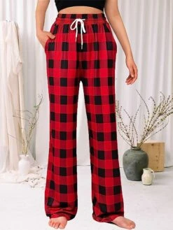 Women's Christmas Pajama Pant Grid / Plaid Casual Soft Home Xmas Daily Flannel Breathable Long Pant Pocket Elastic Waist Fall Winter Yellow Red