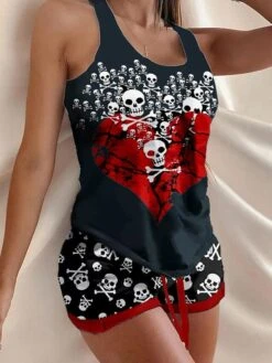 Women's Halloween Lounge Sets Skeleton Rose Pattern Heart Flower Casual Comfort Home Halloween Bed Polyester Breathable Crew Neck Short Sleeve Tank Top Shorts Fall Winter Red Black Black -Ladies Pajamas Store iebygh1696751803444