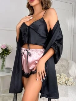 Women's Pajamas Sets 3 Pieces Pure Color Simple Casual Soft Home Daily Bed Polyester Breathable V Wire Long Sleeve Elastic Waist Spring Summer Black -Ladies Pajamas Store ieigua1676281785735