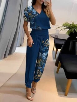 Women's Loungewear Sets Geometic Flower Fashion Casual Soft Street Daily Vacation Polyester Breathable V Wire Short Sleeve Pant Elastic Waist Summer Spring Yellow Blue