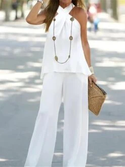 Women's Loungewear Sets Pure Color Simple Casual Comfort Street Daily Date Polyester Breathable Halter Sleeveless Tank Top And Wide Leg Pants Summer Spring White Navy Blue 8 Women's Loungewear Sets Pure Color Simple Casual Comfort Street Daily Date Polyester Breathable Halter Sleeveless Tank Top And Wide Leg Pants Summer Spring White Navy Blue -Ladies Pajamas Store ihkaip1681730727754