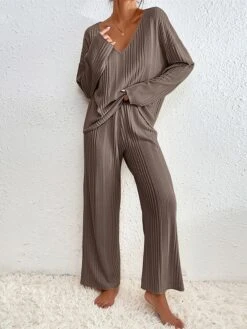 Women's Loungewear Sets Pure Color Fashion Comfort Soft Home Daily Bed Polyester Breathable V Wire Long Sleeve Pullover Pant Fall Winter Light Pink Black