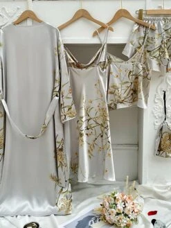 Women's Satin Silk Pajama Sets 4 Pcs Bathrobe Nightgown Cherry Flower Simple Comfort Sweet Home Daily Bed Satin Breathable Gift For Mother's Day Long Sleeve Shorts Backless Elastic Waist Spring Fall -Ladies Pajamas Store ijmlrk1647426799303