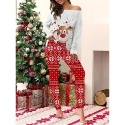 Women's Christmas Pjs Pajamas Sets 2 Pieces Elk Snowflake Fashion Comfort Xmas Soft Home Carnival Cotton Spandex Jersey Breathable Long Sleeve T Shirt Tee Pant Elastic Waist Winter Fall Red