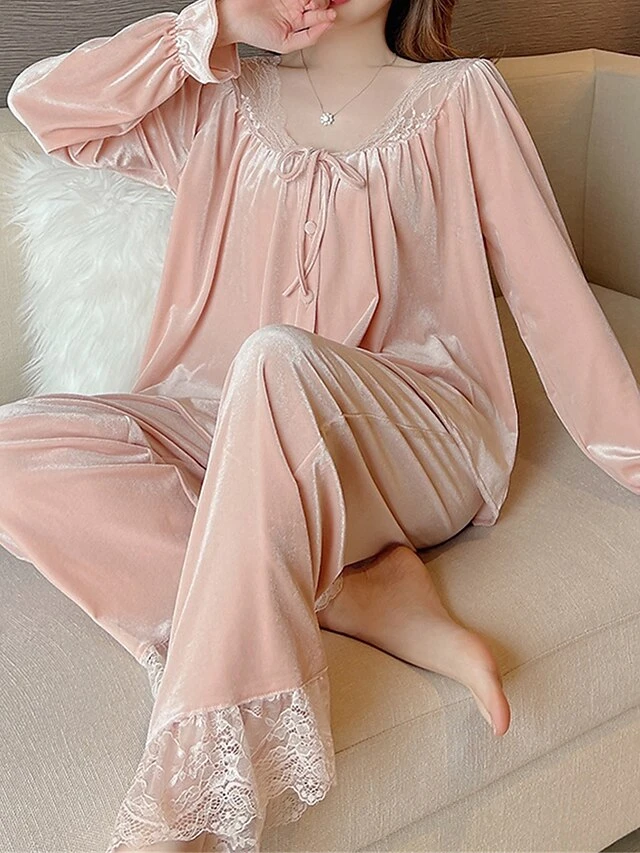Women's Pajamas Sets Pure Color Casual Comfort Soft Home Bed Velvet Breathable Long Sleeve Shirt Pant Button Fall Winter Pink 5 Women's Pajamas Sets Pure Color Casual Comfort Soft Home Bed Velvet Breathable Long Sleeve Shirt Pant Button Fall Winter Pink - Image 3