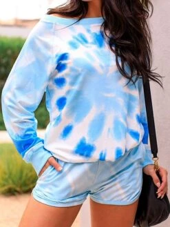 Women's Loungewear Sets Tie Dye Sport Casual Comfort Home Daily Gyms Polyester Breathable Crew Neck Long Sleeve Hoodie Shorts Pocket Fall Blue -Ladies Pajamas Store inwtgo1693467408051