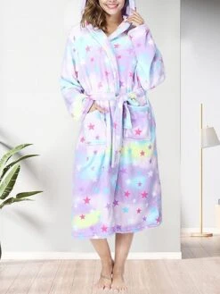 Women's Robe Bathrobe Robes Gown Star Simple Casual Soft Home Daily Bed Polyester Warm Hoodie Long Sleeve Fall Winter Black Purple