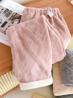 Women's Flannel Pajamas Pants Pure Color Plush Casual Comfort Home Daily Bed Warm Pant Elastic Waist Fall Winter Pink Green -Ladies Pajamas Store ionrrm1695798639182