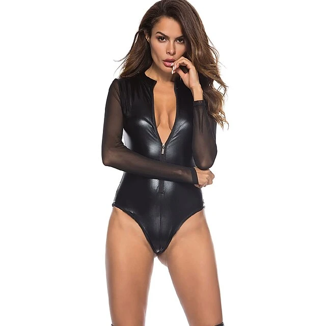 Women's Uniforms & Cheongsams Bodysuits Teddies & Bodysuits Solid Colored PU Shirt Collar Mesh Black / Zipper / Spandex / Zipper / Super Sexy 6 Women's Uniforms & Cheongsams Bodysuits Teddies & Bodysuits Solid Colored PU Shirt Collar Mesh Black / Zipper / Spandex / Zipper / Super Sexy - Image 4