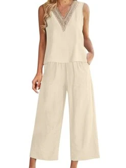 Women's Plus Size Loungewear Sets Pure Color Basic Casual Comfort Home Daily Vacation Linen Breathable V Wire Sleeveless Tank Top Pant Pocket Summer Spring Black White -Ladies Pajamas Store iqaaea1685344293804