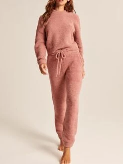 Women's Pajamas Sets Pure Color Warm Fashion Casual Home Daily Bed Polyester Breathable Crew Neck Long Sleeve Pant Fall Winter White Pink