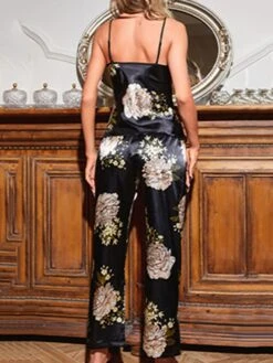 Women's Satin Striped PJ Sets Cami Top And Pants Loungewear Sets Fashion Comfort Soft Home Daily Bed Polyester Breathable Straps Sleeveless Strap Top Elastic Waist Pants Summer Spring Black Pink -Ladies Pajamas Store iriujf1687857793826