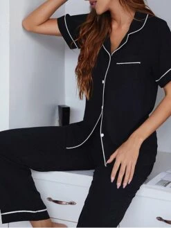 Women's Loungewear Sets Pure Color Simple Casual Soft Home Daily Vacation Cotton Breathable Lapel Short Sleeve Shirt Pant Elastic Waist Fall Spring Black 13 Women's Loungewear Sets Pure Color Simple Casual Soft Home Daily Vacation Cotton Breathable Lapel Short Sleeve Shirt Pant Elastic Waist Fall Spring Black -Ladies Pajamas Store iryyvz1676007478773