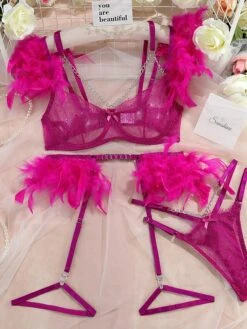 Women's Feather Sexy Lingerie Sets 4 Pieces Pure Color Lovers Hot Home Bed Date Lace Breathable Straps Sleeveless Backless Feather Summer Spring Light Pink White Powder -Ladies Pajamas Store iuadba1695712964181