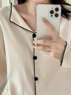 Women's Loungewear Sets Pure Color Fashion Comfort Soft Home Daily Bed Polyester Breathable Lapel Long Sleeve Pant Button Elastic Waist Fall Winter White Brown -Ladies Pajamas Store iuemjq1692348330860