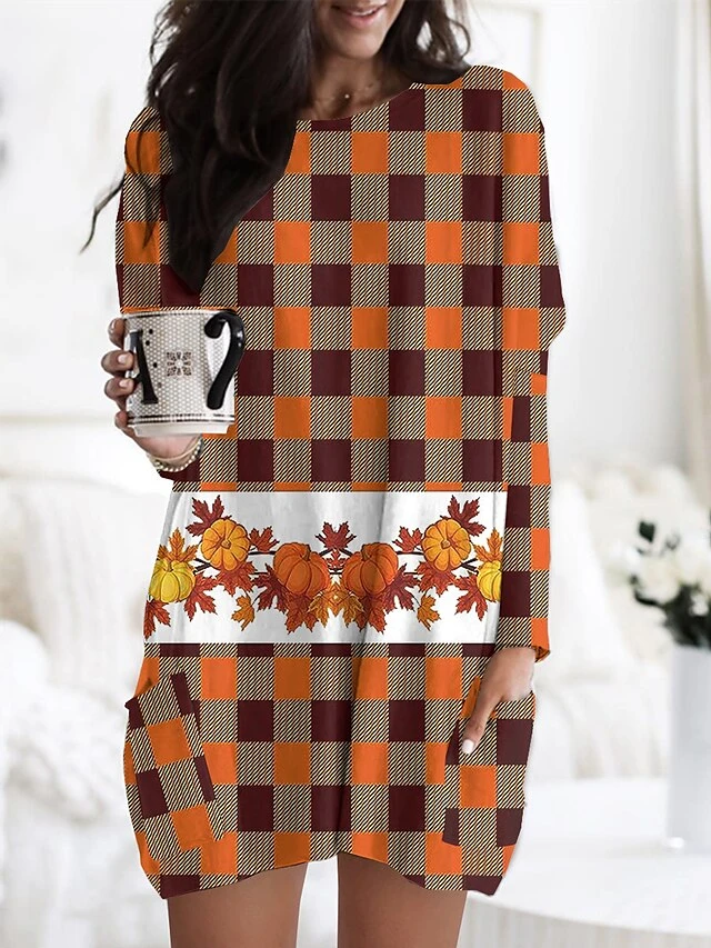 Women's Nightgown Grid / Plaid Fashion Comfort Home Daily Polyester Crew Neck Long Sleeve Pocket Fall Winter Orange 3 Women's Nightgown Grid / Plaid Fashion Comfort Home Daily Polyester Crew Neck Long Sleeve Pocket Fall Winter Orange