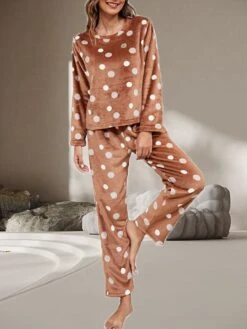 Women's Flannel Pajamas Sets Top And Pant Sets Dot Fashion Casual Soft Home Daily Bed Flannel Warm Breathable Crew Neck Long Sleeve Pant Fall Winter Brown