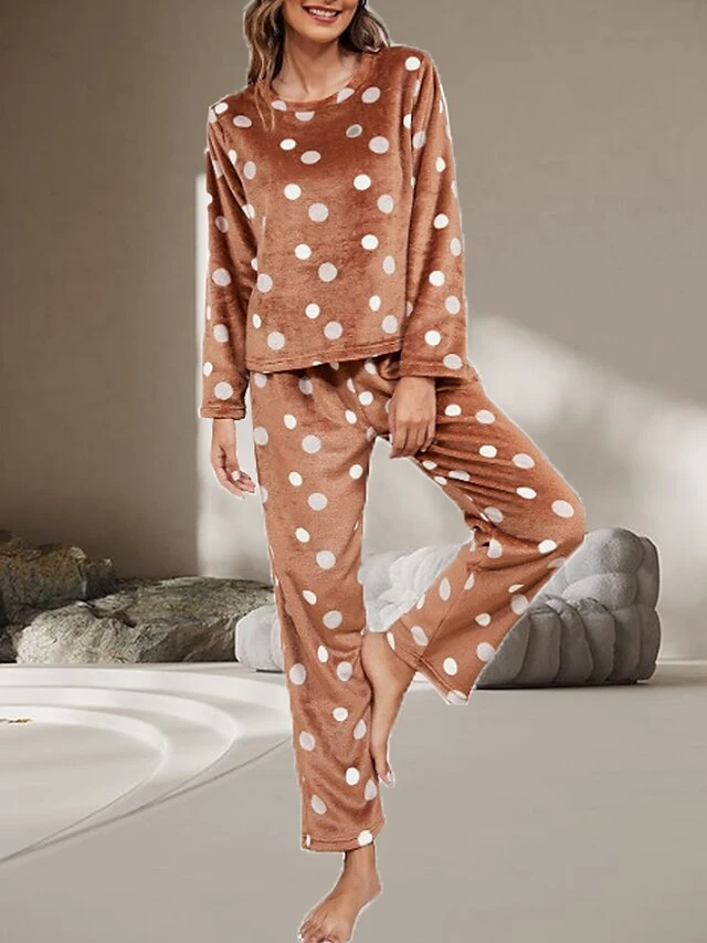 Women's Flannel Pajamas Sets Top And Pant Sets Dot Fashion Casual Soft Home Daily Bed Flannel Warm Breathable Crew Neck Long Sleeve Pant Fall Winter Brown