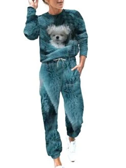 Women's Tracksuits Cat Dog Sport Simple Comfort Home Daily Polyester Crew Neck Long Pant Fall Winter Lake Blue Black -Ladies Pajamas Store ivzops1692703987608