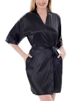 Women's Satin Silk Robe Bathrobe Robes Gown Pure Color Fashion Casual Comfort Home Daily Bed Satin Breathable V Wire Half Sleeve Summer Fall Black White -Ladies Pajamas Store iwgdrd1689581309484