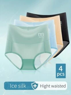 Women's Panties Set 4 Pcs High Waist Ice Silk Breathable Pure Cotton Crotch Lifting Buttocks And Abdomen Panties Random Color