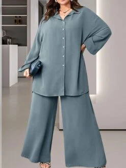 Women's Plus Size Loungewear Sets Pure Color Fashion Comfort Soft Home Daily Bed Polyester Breathable Lapel Long Sleeve Shirt Pant Button Fall Winter Blue -Ladies Pajamas Store iwtxag1694742376094