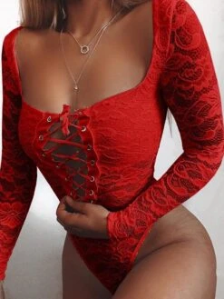 Women Sexy Lace Sexy Xmas Lace-Up Long Sleeve Square Collar Christmas Seductive Jumpsuit