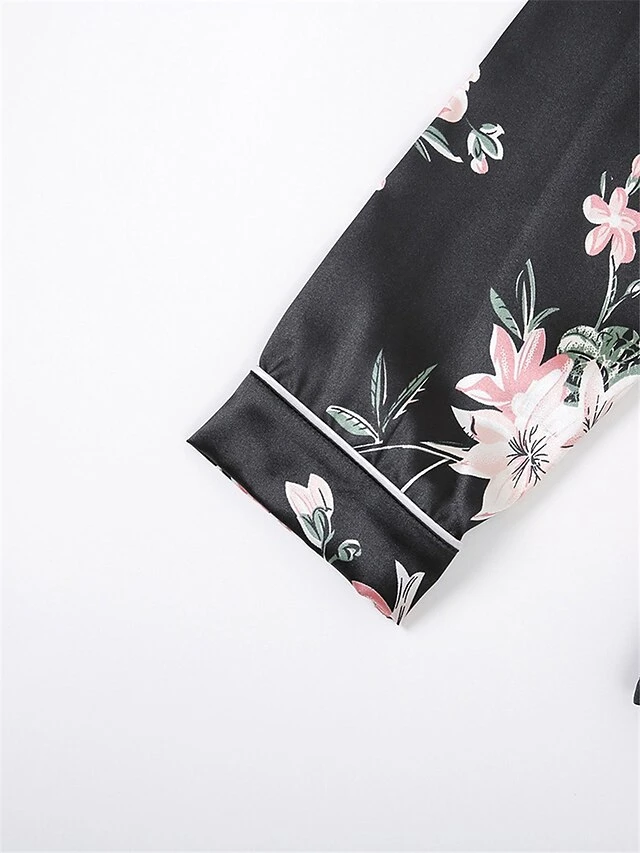 Women's Pajamas Sets Flower Fashion Comfort Soft Home Daily Bed Satin Breathable Lapel Long Sleeve Shirt Pant Button Pocket Fall Winter Black Gray 13 Women's Pajamas Sets Flower Fashion Comfort Soft Home Daily Bed Satin Breathable Lapel Long Sleeve Shirt Pant Button Pocket Fall Winter Black Gray - Image 11