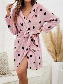 Women's Plush Hoodie Robes Gown Heart Casual Comfort Soft Home Daily Bed Flannel Breathable Hoodie Long Sleeve Pocket Fall Winter Pink -Ladies Pajamas Store ixptpi1689581293981