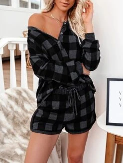 Women's Plus Size Loungewear Sets Grid / Plaid Simple Casual Comfort Home Daily Vacation Polyester Breathable V Wire Long Pant T Shirt Tee Shorts Button Elastic Waist Summer Spring Red Blue -Ladies Pajamas Store izikik1680074655139