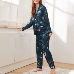 Women's Pajamas Sets Pjs 2 Pieces Flower Simple Hot Comfort Party Home Daily Satin Lapel Long Sleeve Shirt Pant Elastic Waist Fall Spring 6003 6020 -Ladies Pajamas Store jabony1665566648212