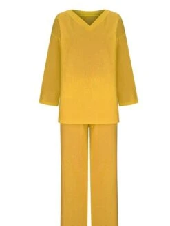 Women's Plus Size Loungewear Sets 2 Pieces Pure Color Fashion Casual Comfort Street Daily Date Cotton Breathable V Wire Long Sleeve Pant Summer Fall Yellow Pink -Ladies Pajamas Store jahowl1689326427951